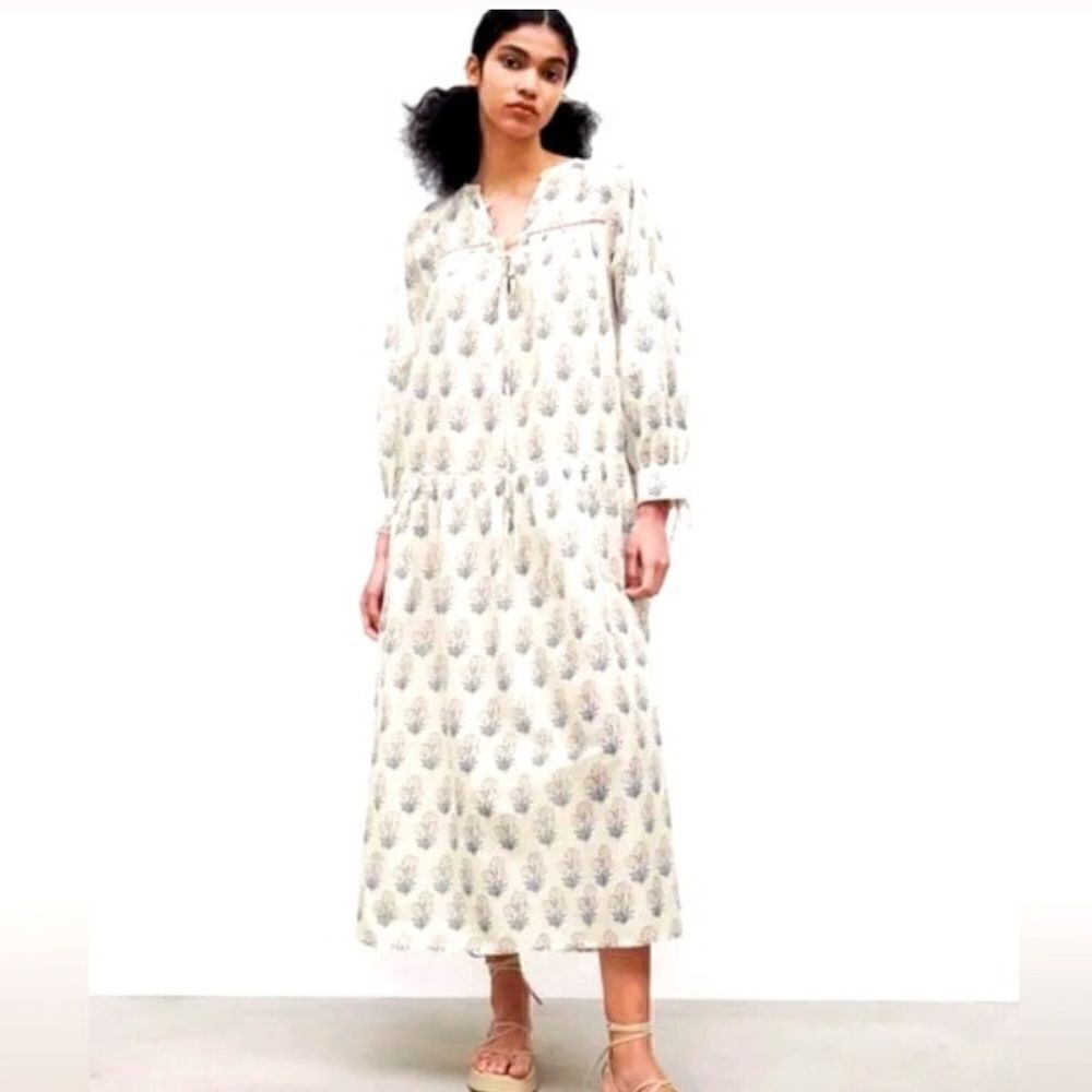 Zara Maxi Dress Block Print Boho Flowy Long Sleeves Floral Cream Blue Pink S - Picture 6 of 16